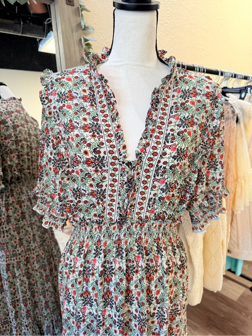 Max Studio Floral Tiered Maxi Dress in Cream, Red and Green - Picture 2 of 10
